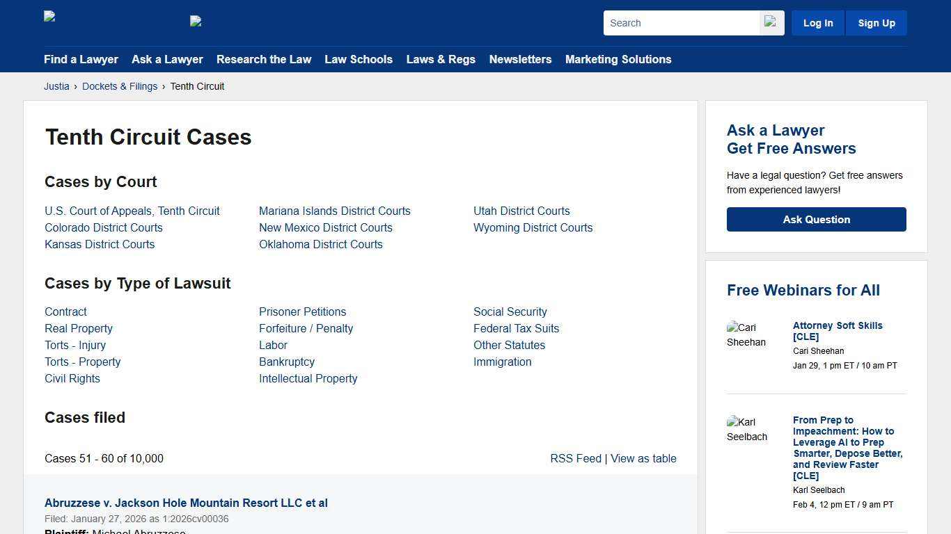 Cases filed in the Tenth Circuit Court of Appeals and U.S. District Courts in Colorado, Kansas, New Mexico, Oklahoma, Utah, Wyoming and Mariana Islands Justia Dockets & Filings