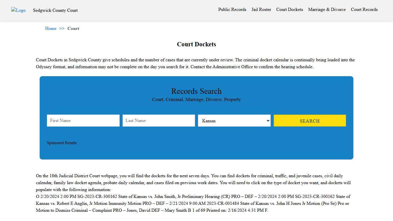 Court Dockets Sedgwick County Court KS
